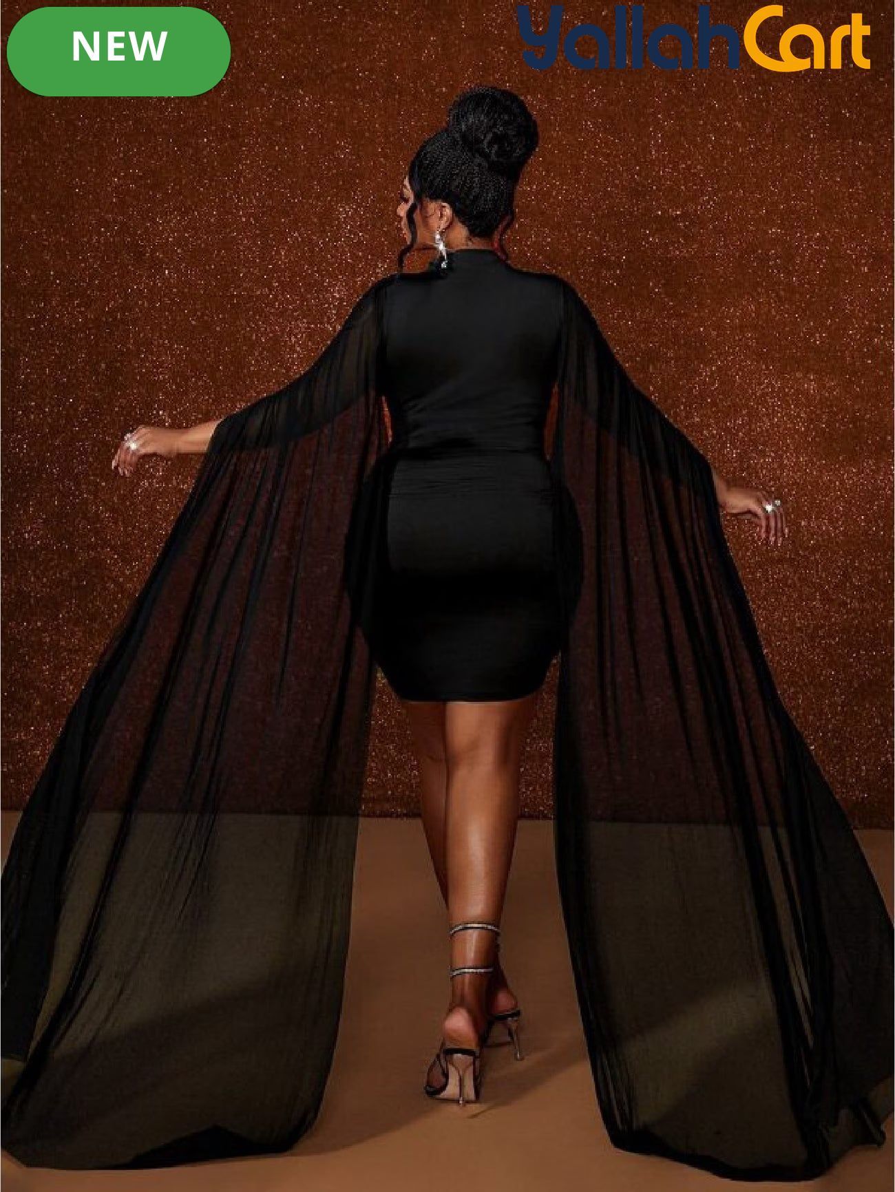Plus Size - Women'S Plus Size Black Bodycon Dress, Sexy And Vintage Design with Plunging Neckline, Sheer Mesh And Matching Cut, Long Sleeve Asymmetrical Mesh Design, Sweet And Sexy Style, Romantic Vintage, Suitable for Birthday Party