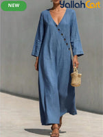 Women's Y2K Blue A-Line Midi Dress with Pockets