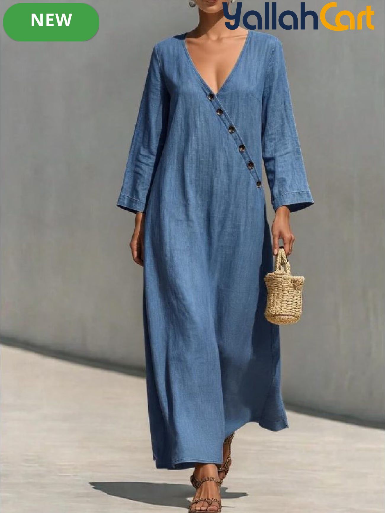 Women's Y2K Blue A-Line Midi Dress with Pockets
