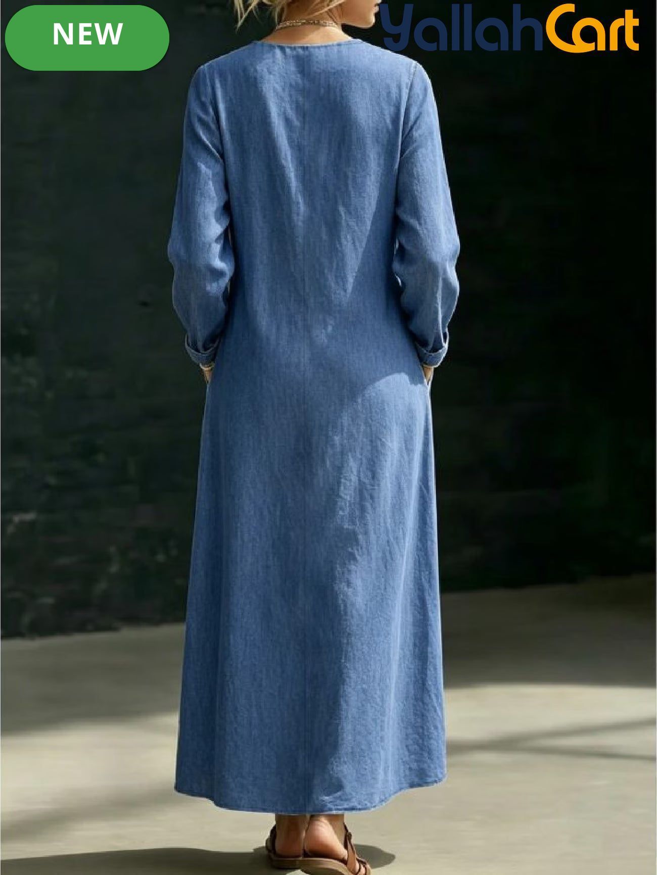 Women's Y2K Blue A-Line Midi Dress with Pockets