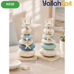 Layered Pebbles Candle Holder with Green Stone Texture & Glass Cup – Modern Home Décor