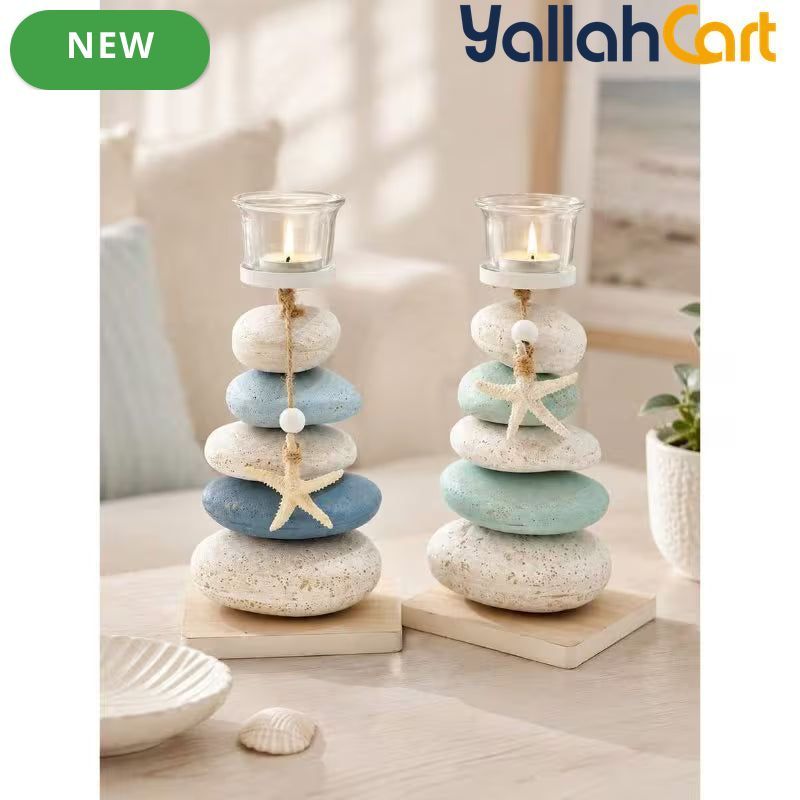 Layered Pebbles Candle Holder with Green Stone Texture & Glass Cup – Modern Home Décor