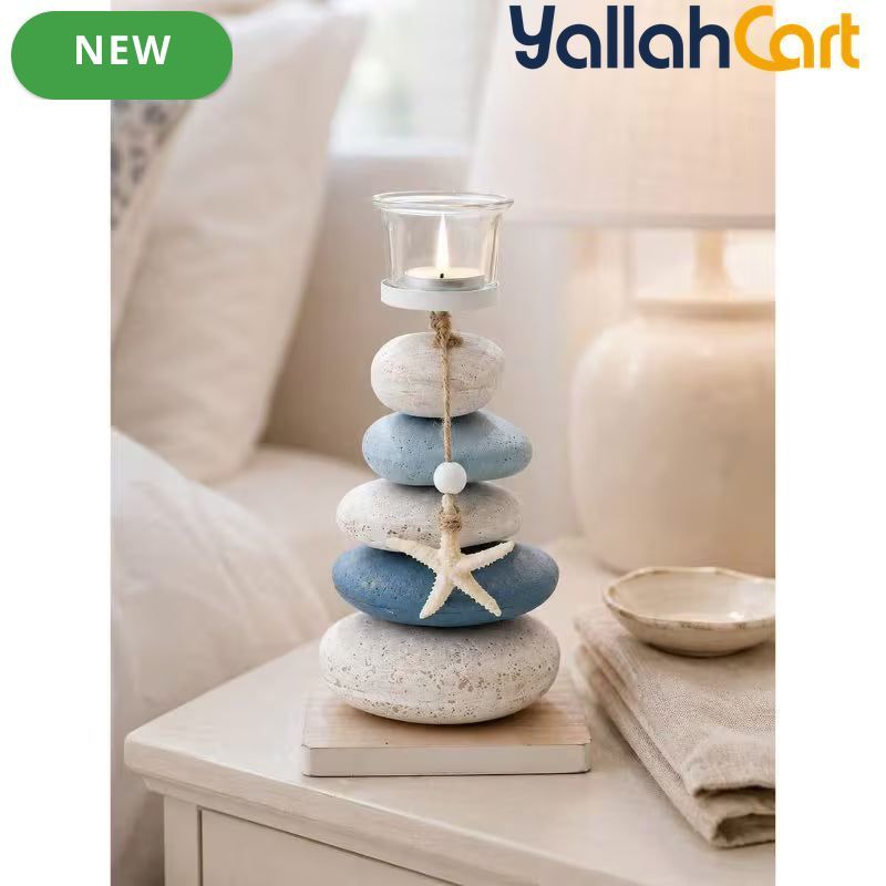 Layered Pebbles Candle Holder with Green Stone Texture & Glass Cup – Modern Home Décor