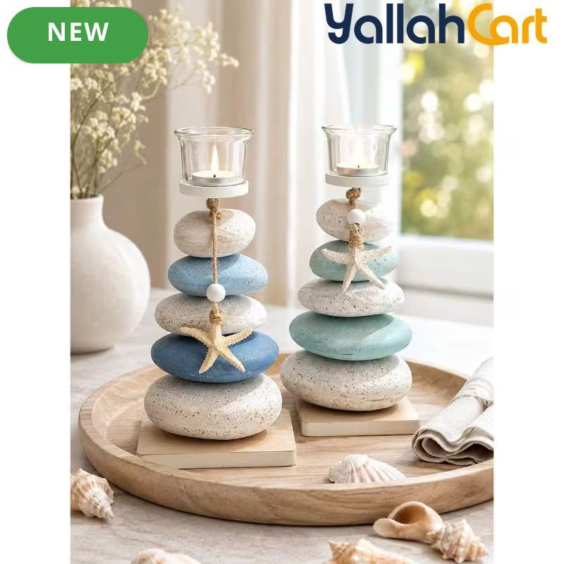 Layered Pebbles Candle Holder with Green Stone Texture & Glass Cup – Modern Home Décor