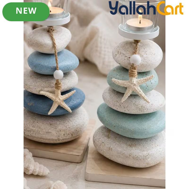 Layered Pebbles Candle Holder with Green Stone Texture & Glass Cup – Modern Home Décor