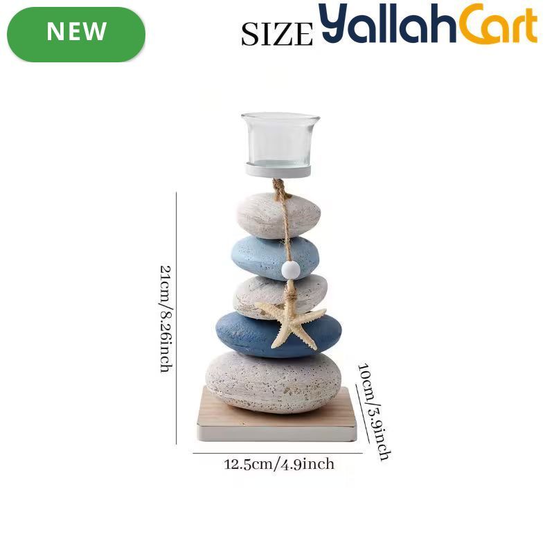 Layered Pebbles Candle Holder with Green Stone Texture & Glass Cup – Modern Home Décor