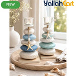 Layered Pebbles Candle Holder with Green Stone Texture & Glass Cup – Modern Home Décor