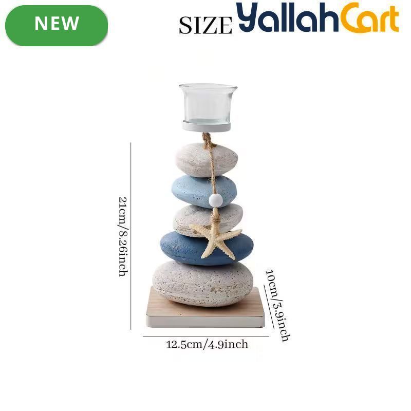Layered Pebbles Candle Holder with Green Stone Texture & Glass Cup – Modern Home Décor