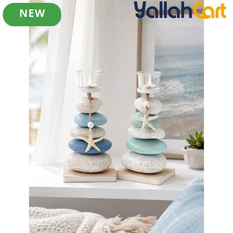 Layered Pebbles Candle Holder with Green Stone Texture & Glass Cup – Modern Home Décor