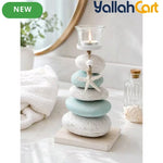 Layered Pebbles Candle Holder with Green Stone Texture & Glass Cup – Modern Home Décor