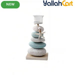 Layered Pebbles Candle Holder with Green Stone Texture & Glass Cup – Modern Home Décor