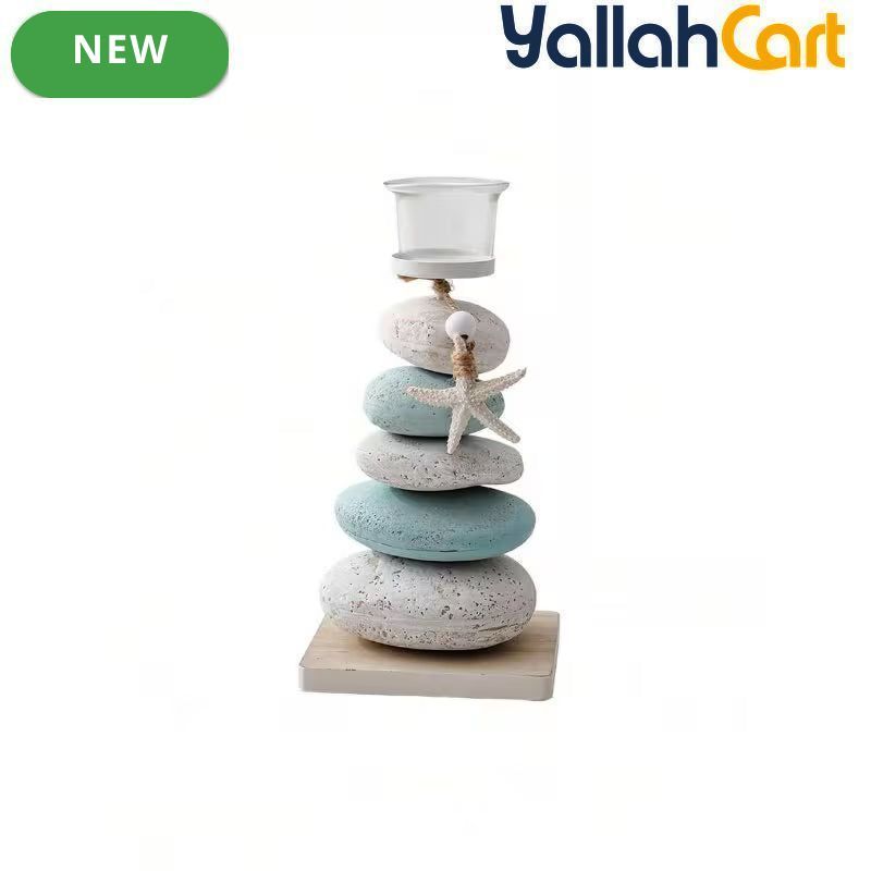 Layered Pebbles Candle Holder with Green Stone Texture & Glass Cup – Modern Home Décor