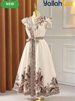 Women’s Elegant Dark Green Spot Print Maxi Dress with Tie Waist – French Style Party Dress