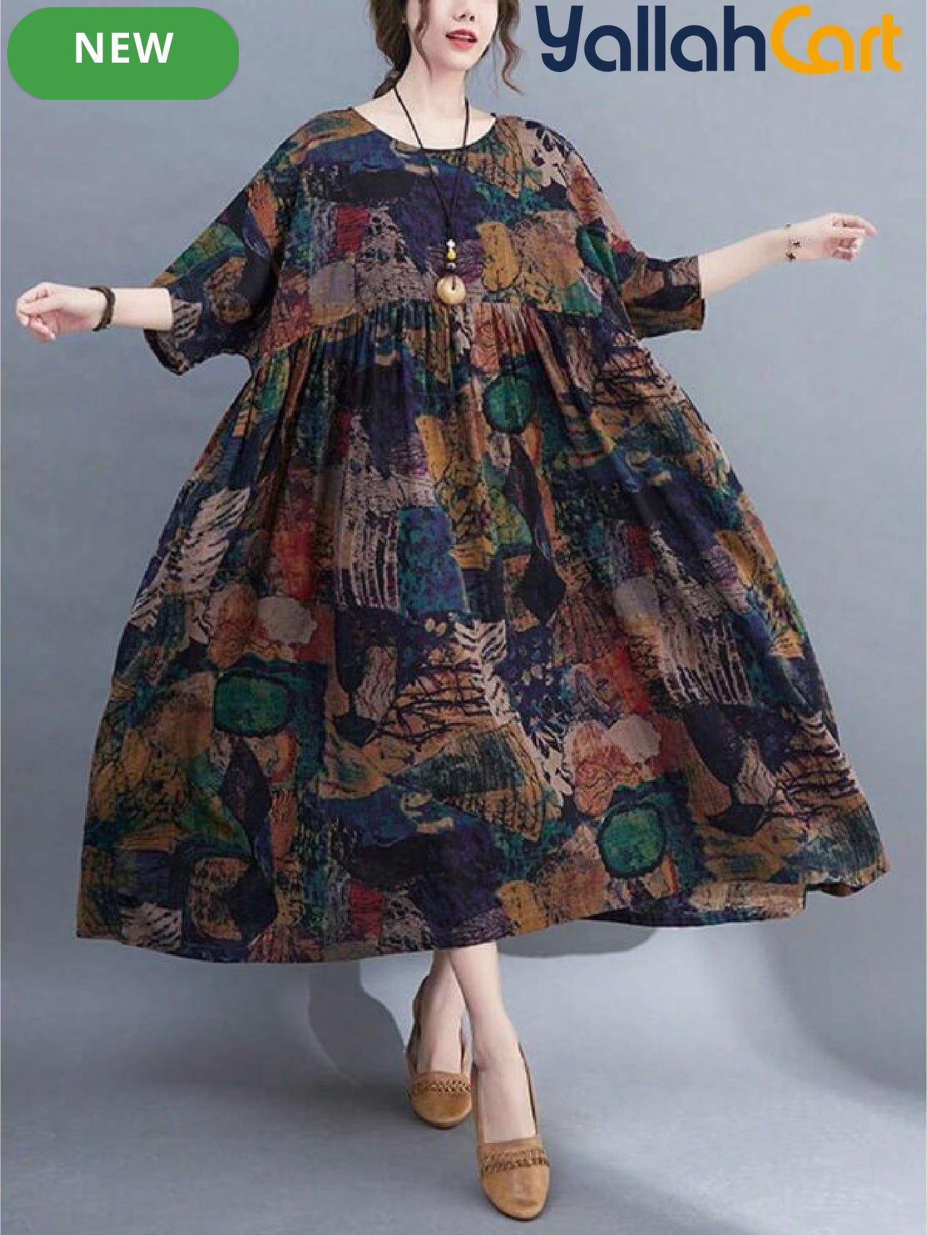 Plus Size Women’s Bohemian Maxi Dress – Batwing Short Sleeve Round Neck Casual Dress