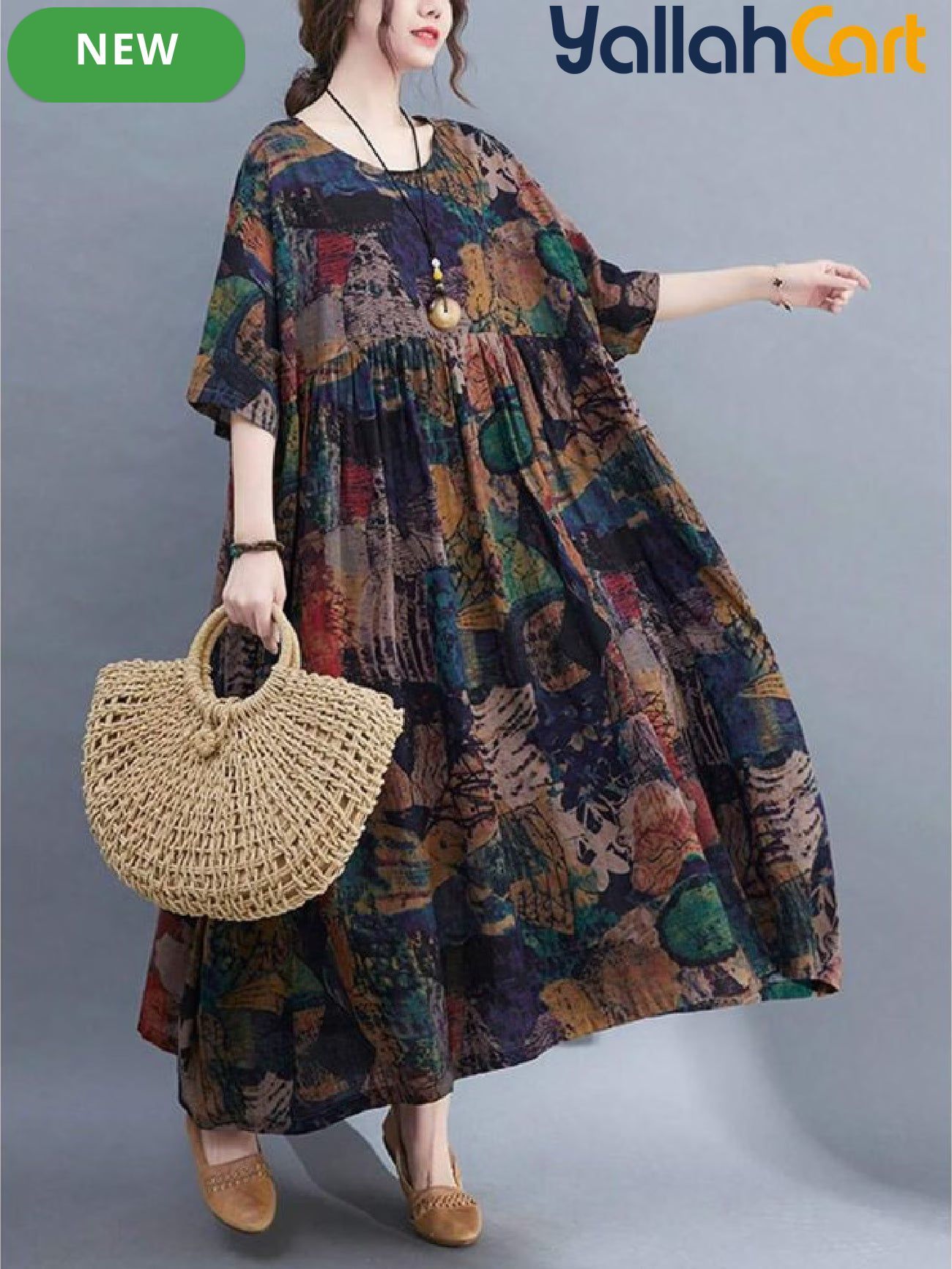 Plus Size Women’s Bohemian Maxi Dress – Batwing Short Sleeve Round Neck Casual Dress
