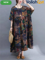 Plus Size Women’s Bohemian Maxi Dress – Batwing Short Sleeve Round Neck Casual Dress