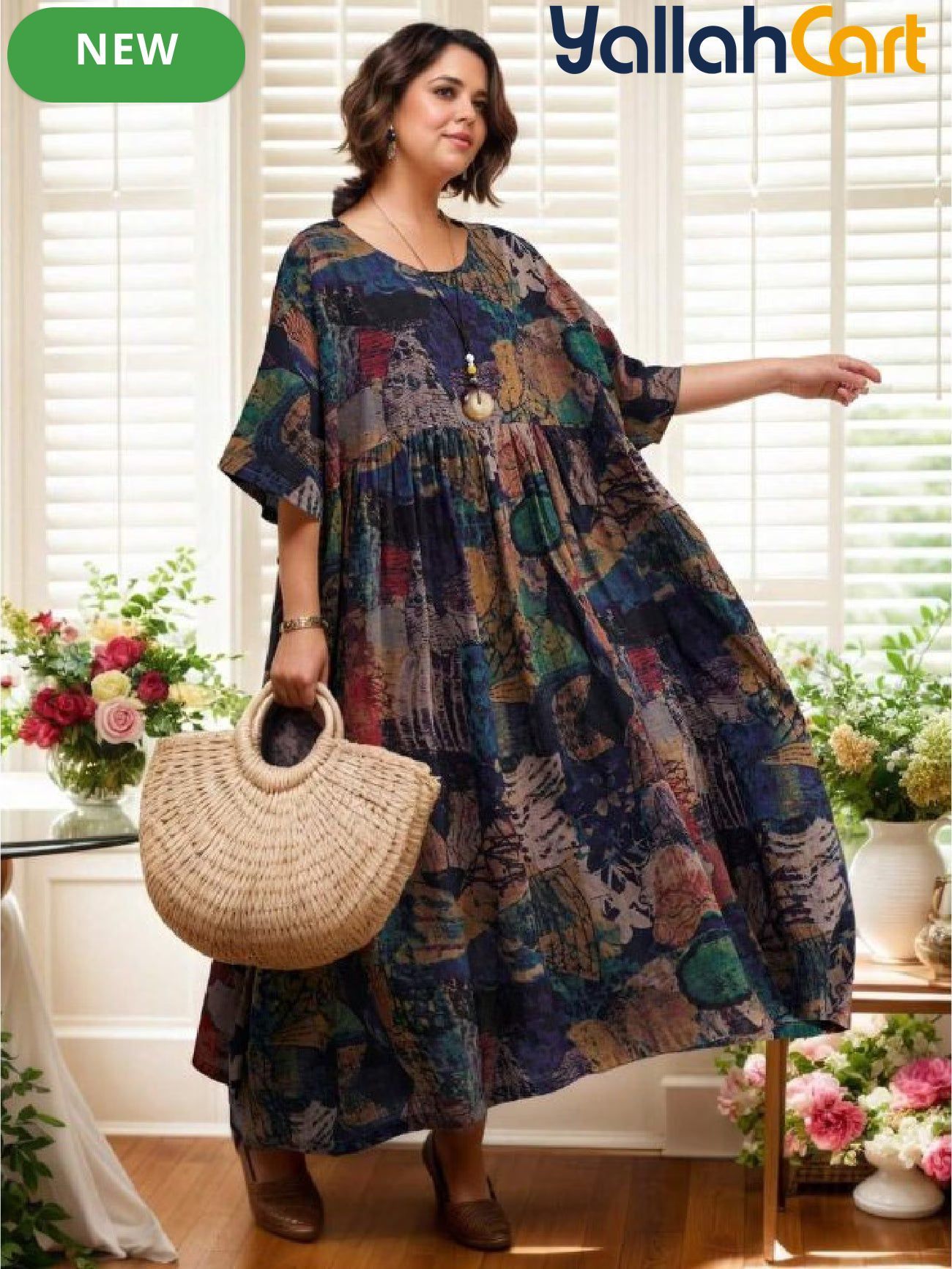 Plus Size Women’s Bohemian Maxi Dress – Batwing Short Sleeve Round Neck Casual Dress