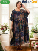 Plus Size Women’s Bohemian Maxi Dress – Batwing Short Sleeve Round Neck Casual Dress