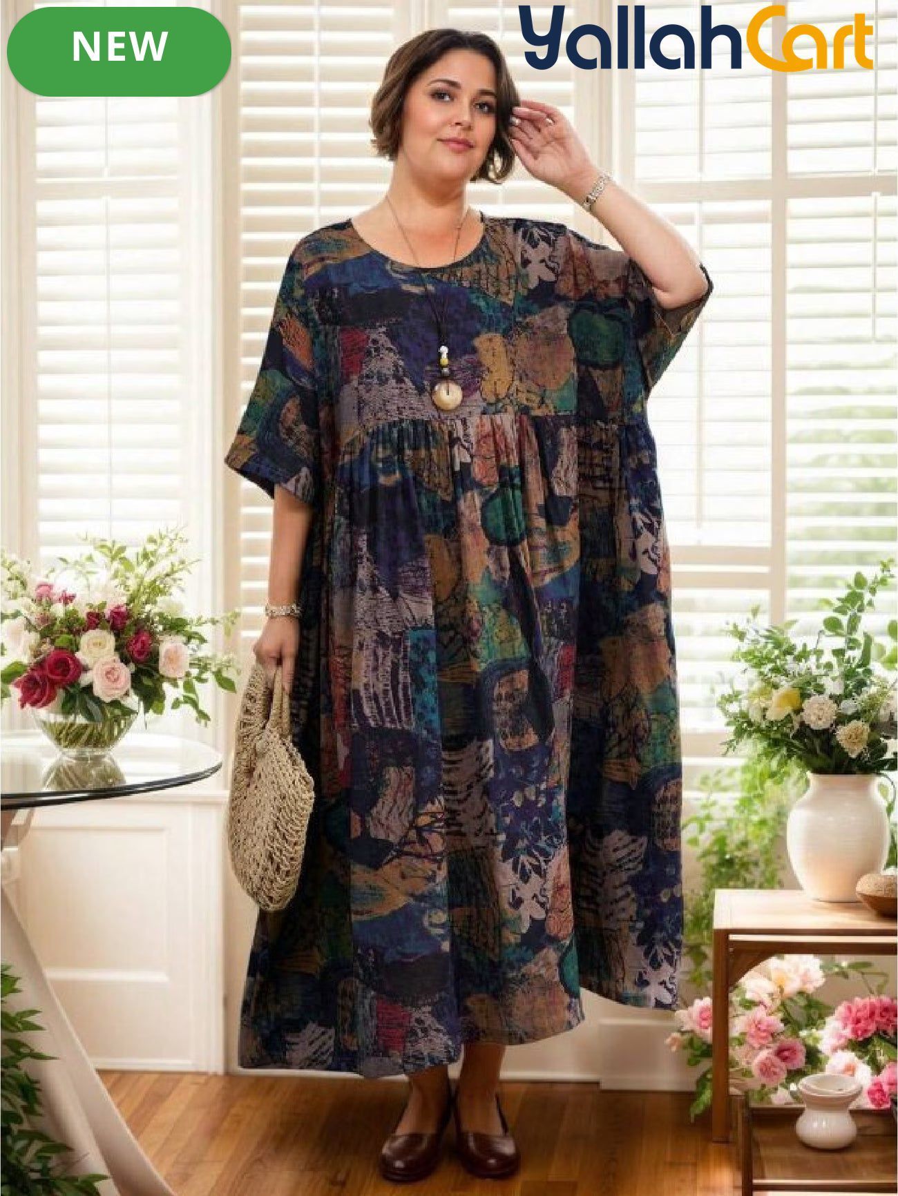 Plus Size Women’s Bohemian Maxi Dress – Batwing Short Sleeve Round Neck Casual Dress
