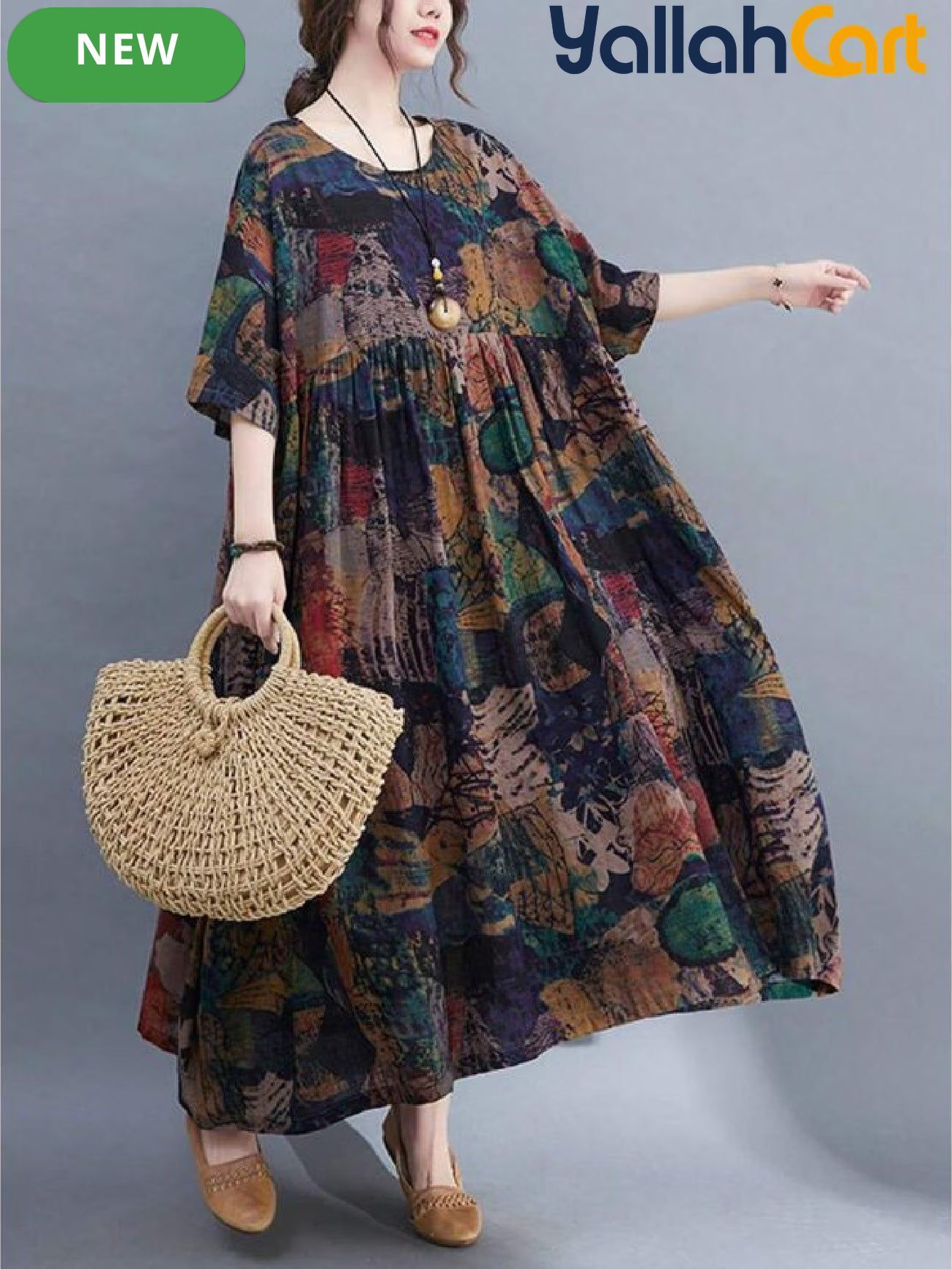 Plus Size Women’s Bohemian Maxi Dress – Batwing Short Sleeve Round Neck Casual Dress