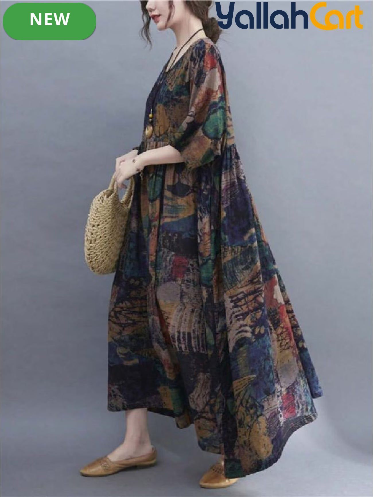 Plus Size Women’s Bohemian Maxi Dress – Batwing Short Sleeve Round Neck Casual Dress