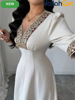 Women's V Neck Puff Sleeve Beaded Dress – Elegant Party & Special Occasion Dress