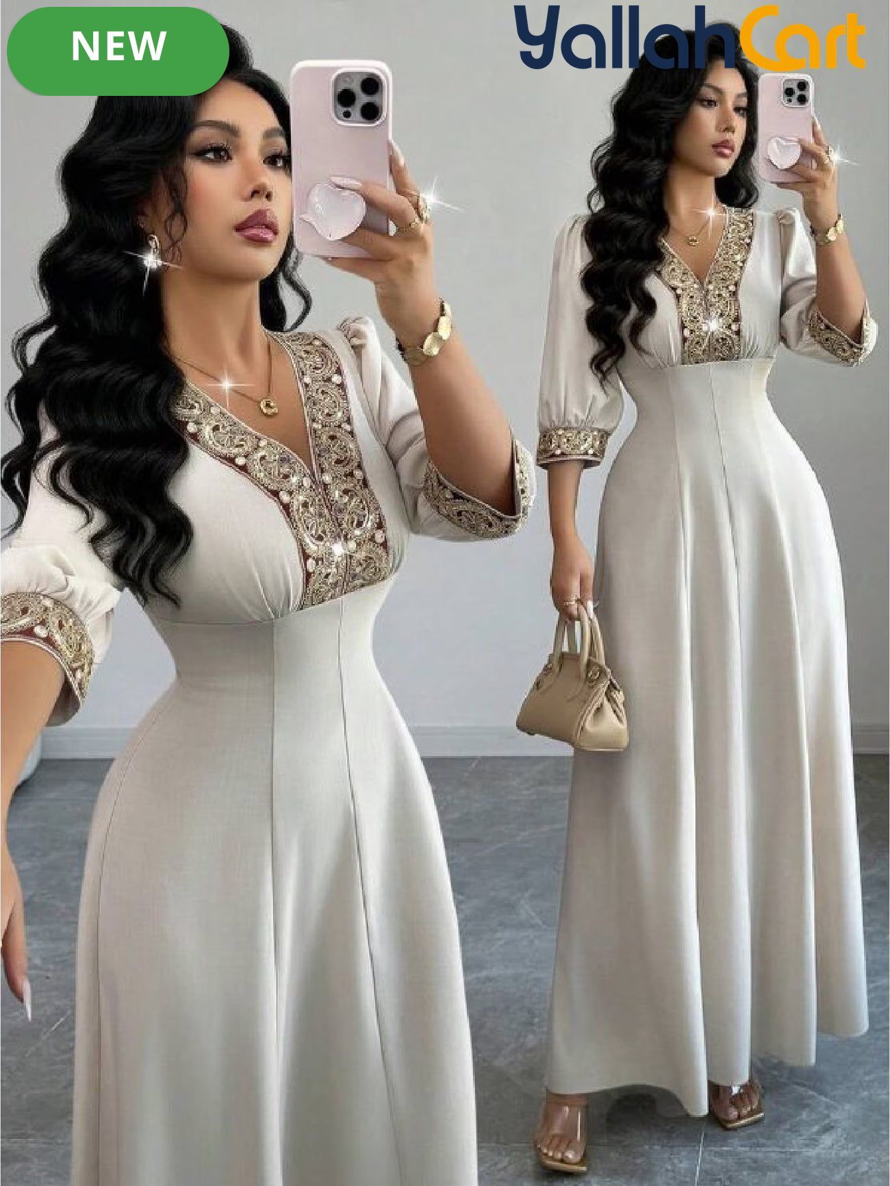 Women's V Neck Puff Sleeve Beaded Dress – Elegant Party & Special Occasion Dress