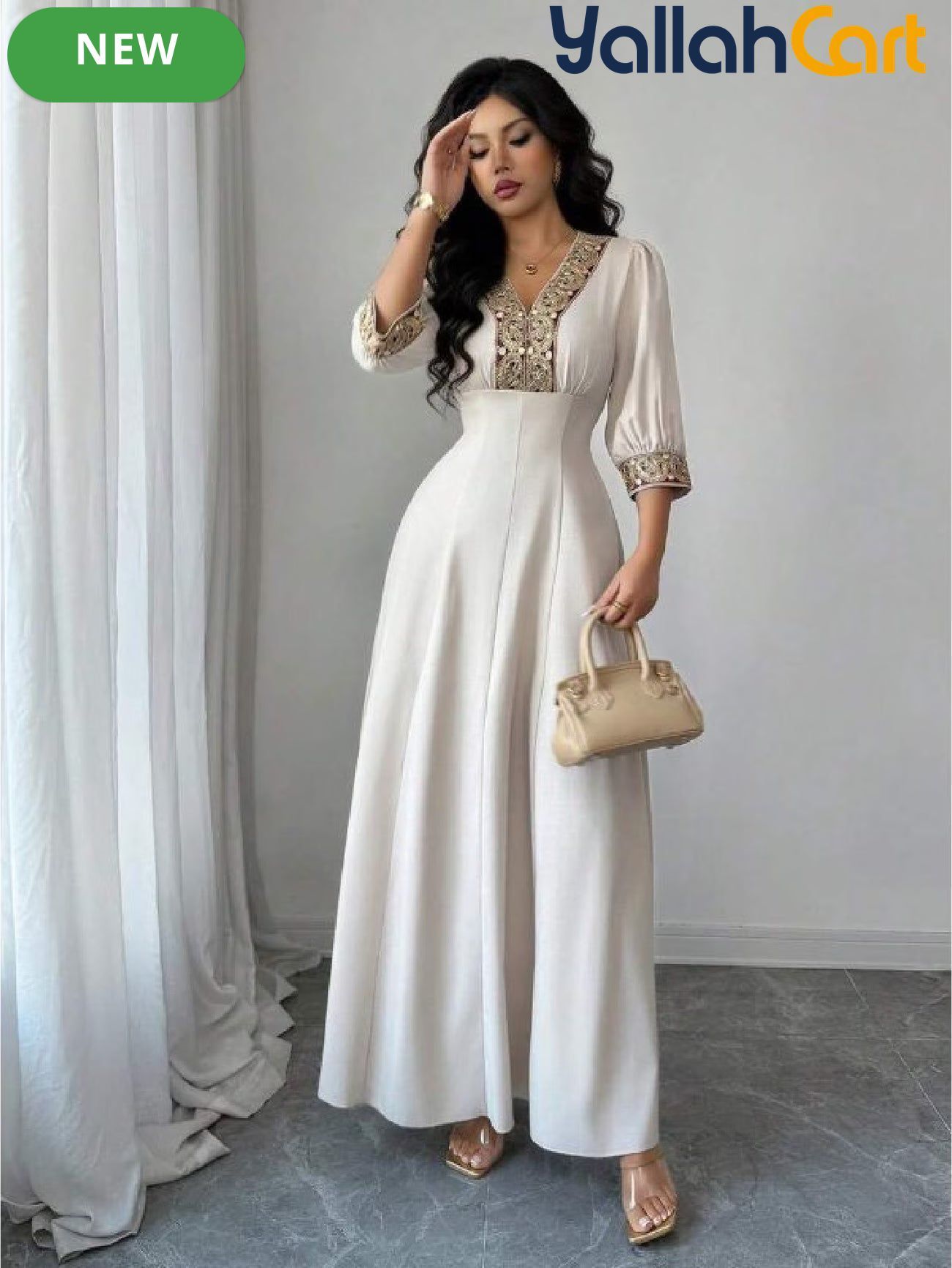Women's V Neck Puff Sleeve Beaded Dress – Elegant Party & Special Occasion Dress