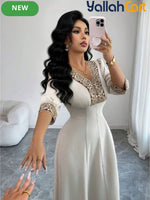 Women's V Neck Puff Sleeve Beaded Dress – Elegant Party & Special Occasion Dress