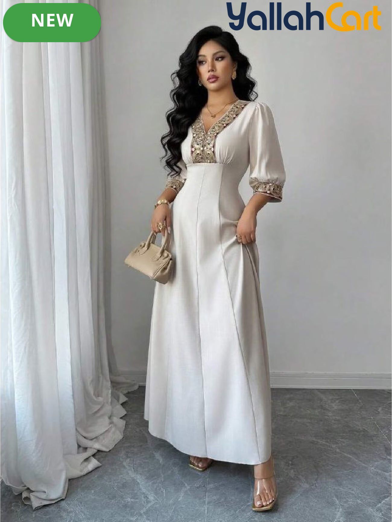 Women's V Neck Puff Sleeve Beaded Dress – Elegant Party & Special Occasion Dress