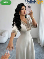 Women's V Neck Puff Sleeve Beaded Dress – Elegant Party & Special Occasion Dress