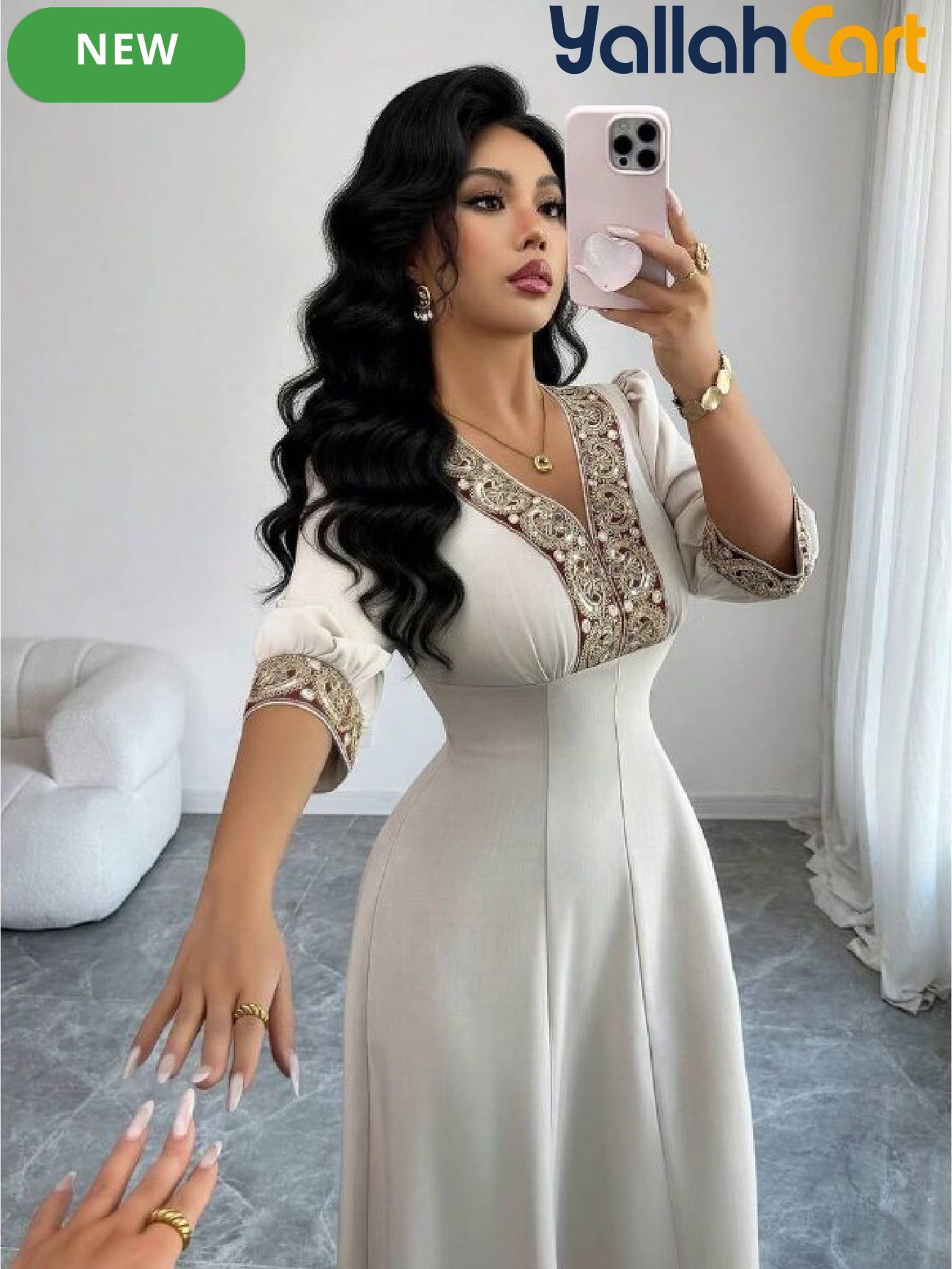 Women's V Neck Puff Sleeve Beaded Dress – Elegant Party & Special Occasion Dress