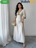 Women's V Neck Puff Sleeve Beaded Dress – Elegant Party & Special Occasion Dress
