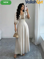 Women's V Neck Puff Sleeve Beaded Dress – Elegant Party & Special Occasion Dress