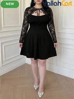 Plus Size Women’s Vintage Black Dress with Mesh & Lace Collar – Loose Fit Short Sleeve Dress