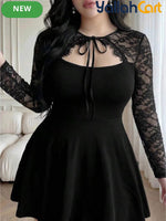 Plus Size Women’s Vintage Black Dress with Mesh & Lace Collar – Loose Fit Short Sleeve Dress