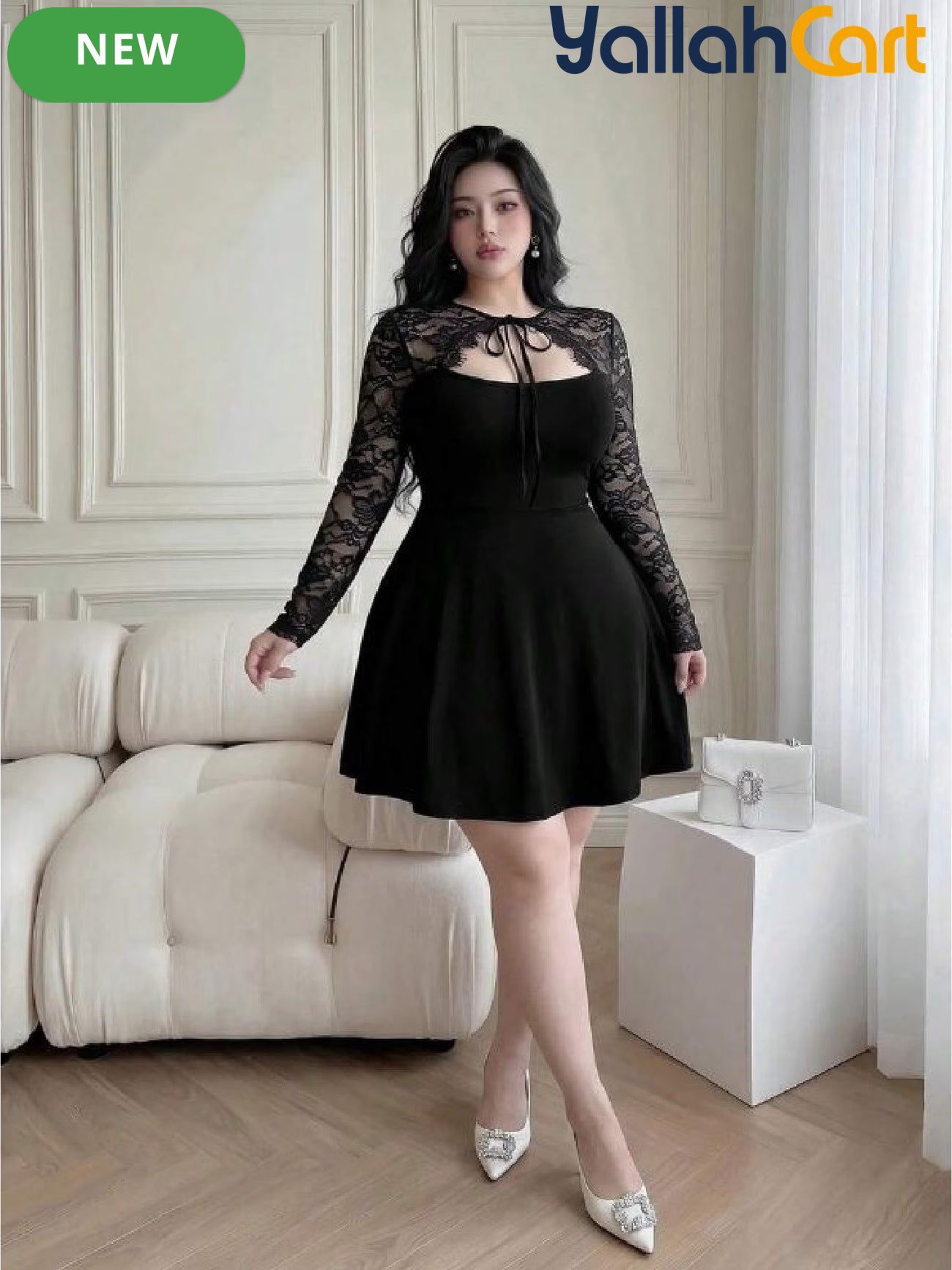 Plus Size Women’s Vintage Black Dress with Mesh & Lace Collar – Loose Fit Short Sleeve Dress