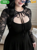 Plus Size Women’s Vintage Black Dress with Mesh & Lace Collar – Loose Fit Short Sleeve Dress