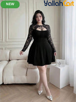 Plus Size Women’s Vintage Black Dress with Mesh & Lace Collar – Loose Fit Short Sleeve Dress