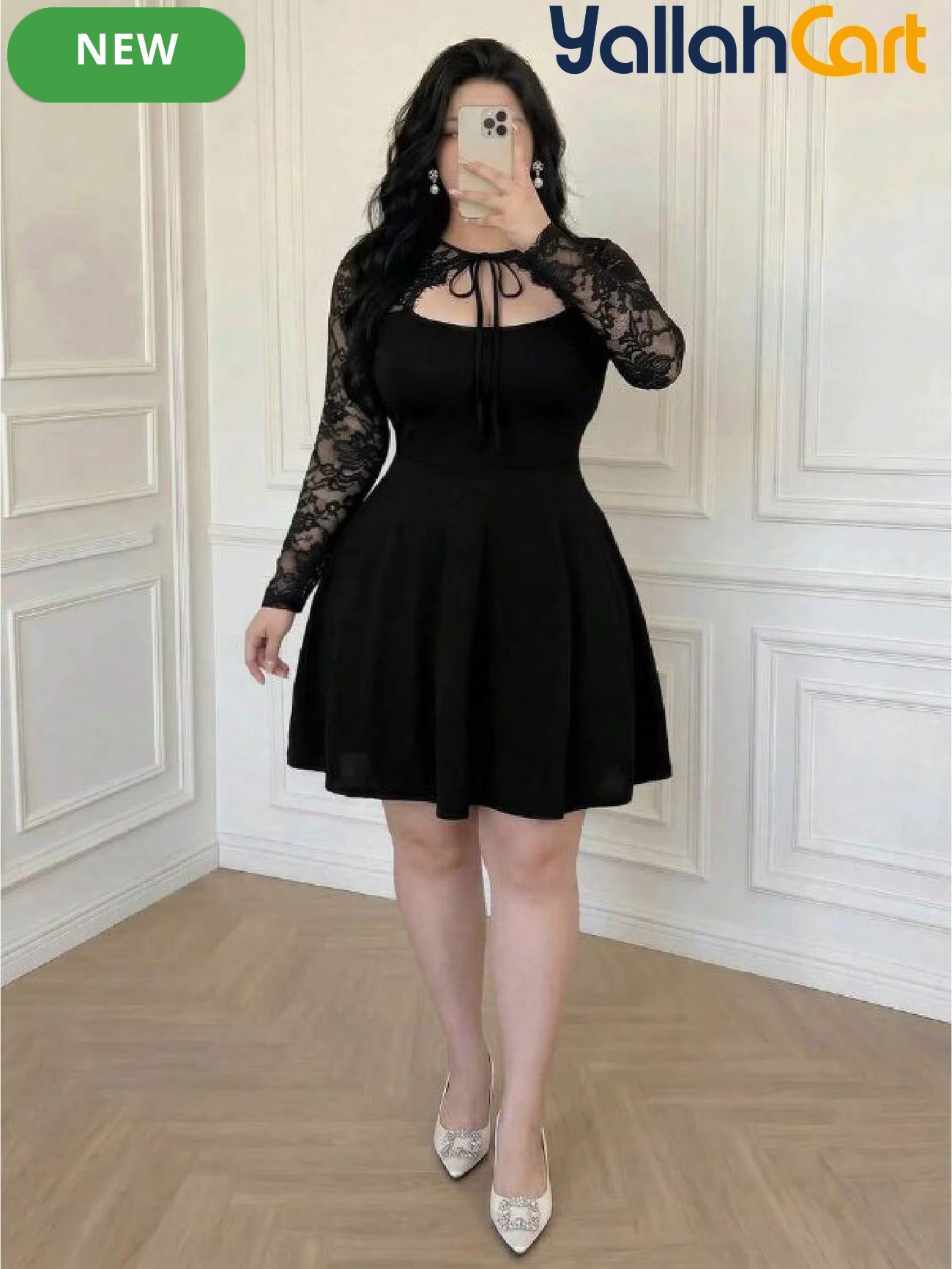 Plus Size Women’s Vintage Black Dress with Mesh & Lace Collar – Loose Fit Short Sleeve Dress