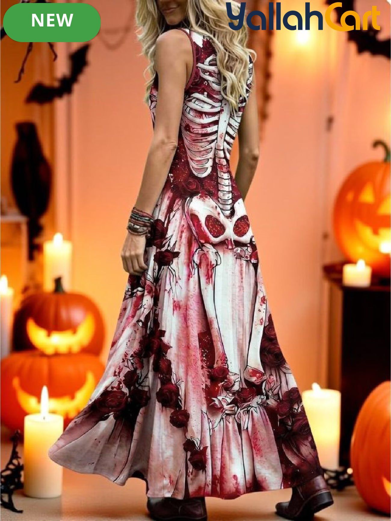 Women’s Gothic Skeleton Print Sleeveless A-Line Maxi Dress