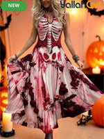 Women’s Gothic Skeleton Print Sleeveless A-Line Maxi Dress