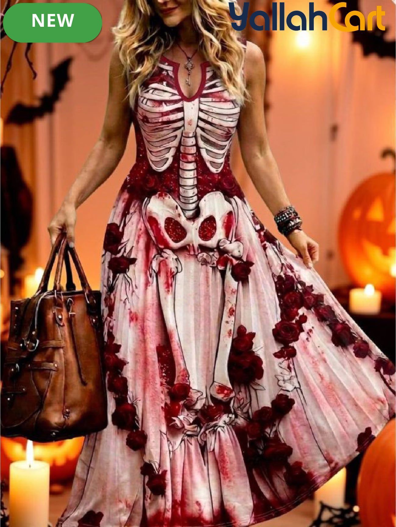 Women’s Gothic Skeleton Print Sleeveless A-Line Maxi Dress