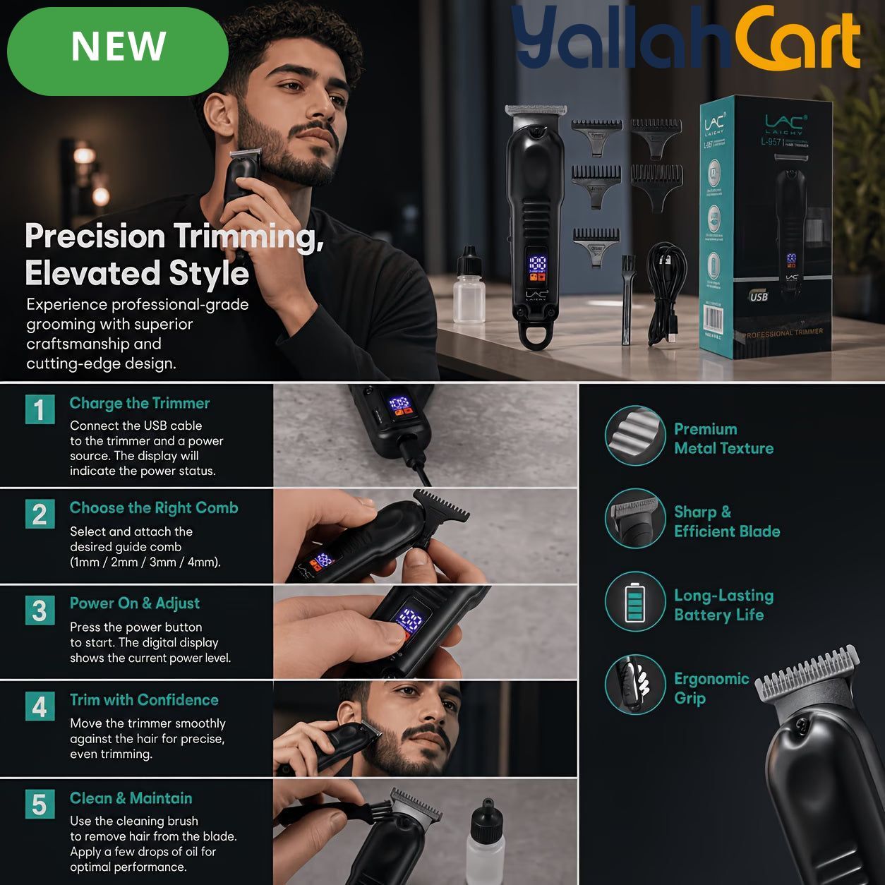 USB Rechargeable Hair Trimmer Barber Grooming Kit – Black