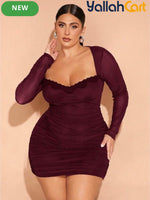 Plus Size Women’s Off-Shoulder Lace Mini Dress – Brown Contrast Pencil Dress