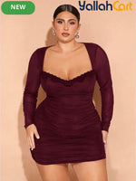 Plus Size Women’s Off-Shoulder Lace Mini Dress – Brown Contrast Pencil Dress