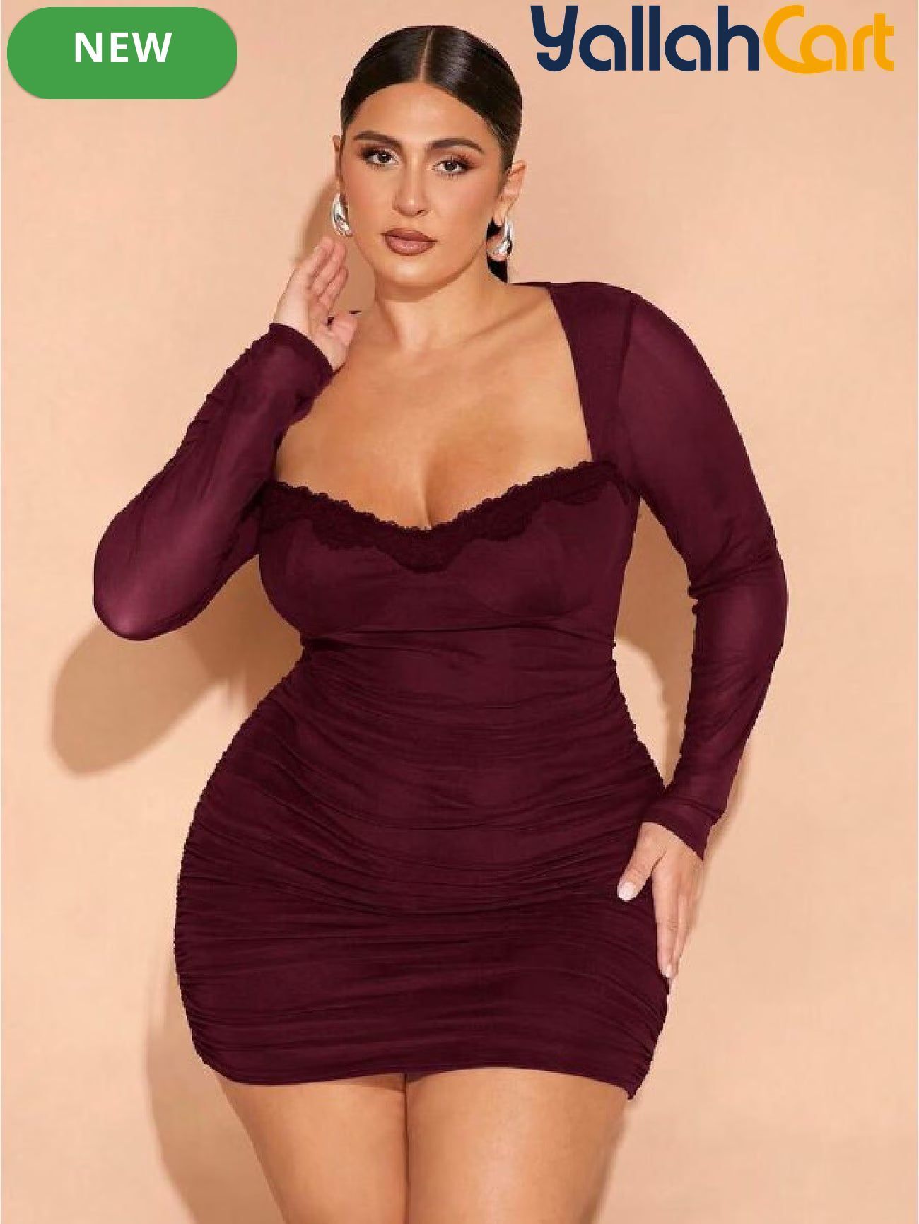 Plus Size Women’s Off-Shoulder Lace Mini Dress – Brown Contrast Pencil Dress