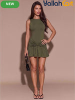 Olive Green Crinkled Mini Dress – Sleeveless High Neck Bodycon Dress