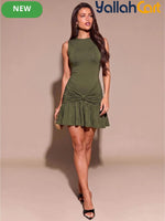 Olive Green Crinkled Mini Dress – Sleeveless High Neck Bodycon Dress