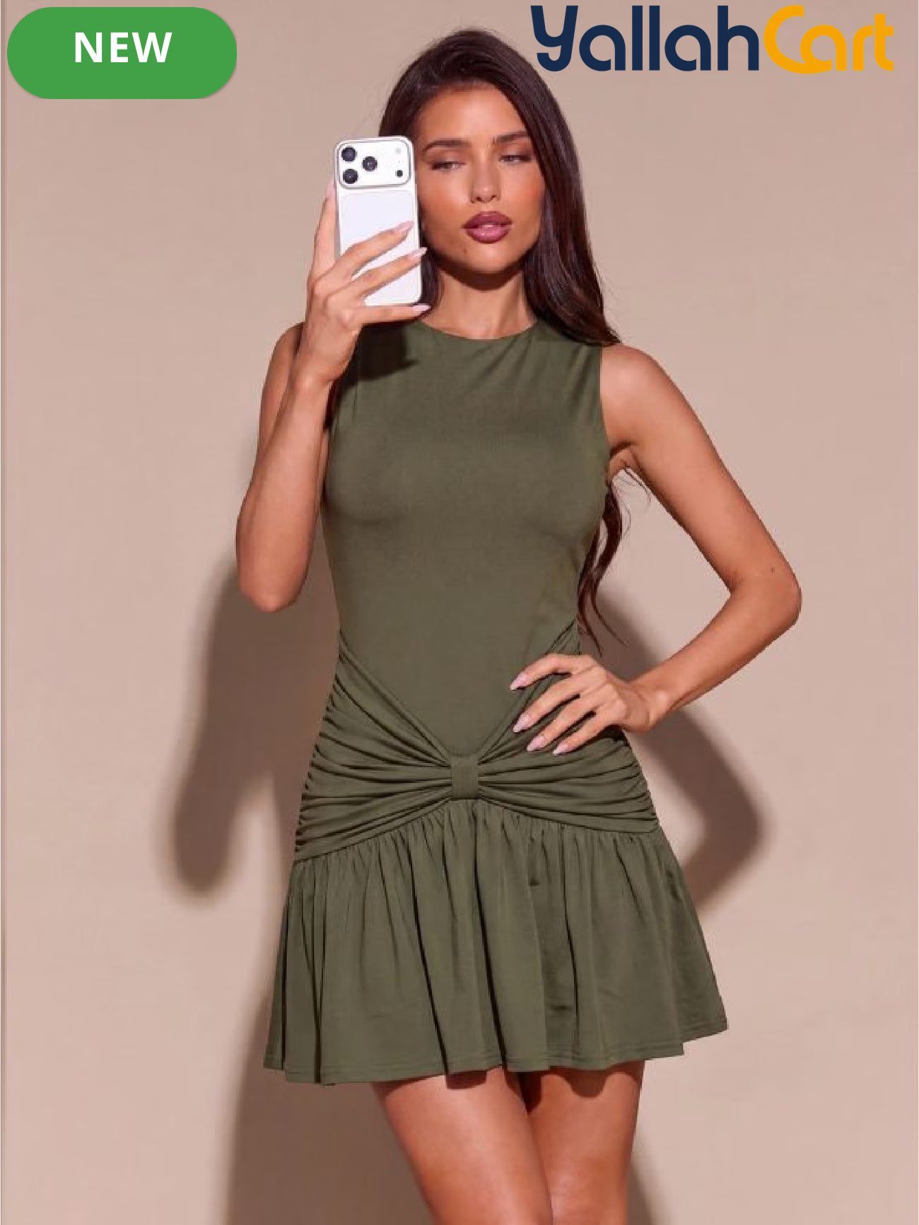 Olive Green Crinkled Mini Dress – Sleeveless High Neck Bodycon Dress